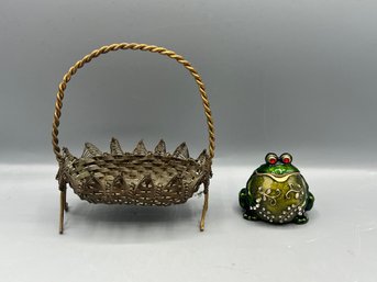 Metal Decorative Basket & Green Frog Jewelry Box - 2 Pieces