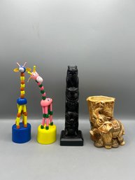 Wooden Puppet Giraffes, Totem Pole, Carved Elephant Cup - 4 Piece Lot