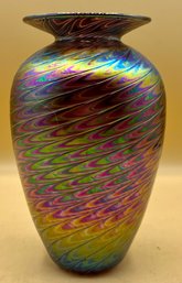Iridescent Fether Pulled Glass Vase By The Glass Eye Studio