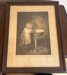 RC Hutchinson Antique Signed Framed Print Of Little Girl At Wash Basin