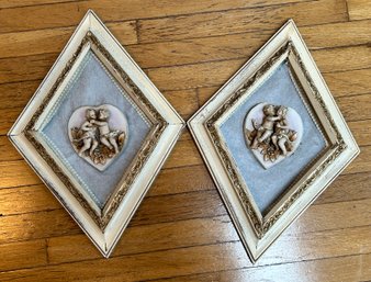 Victorian Porcelain Cupid Figurines, Framed And Mounted, 2 Piece Lot