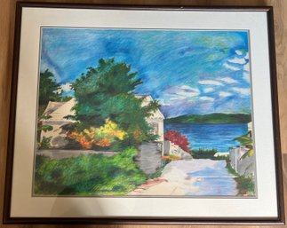 Framed Pastel Painting Of House On The Bay