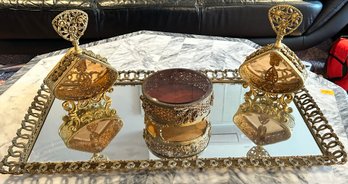 Filigree Gold French Vanity Set, 2 Perfume Bottles, Jewelry Box, 4 Piece Lot