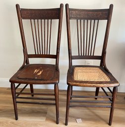 Antique Press Back Caned Chair With Leaf Embellishments- Pair