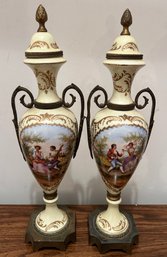 Sevres Style Hand Painted Porcelain And Bronze Urns, Lot Of 2