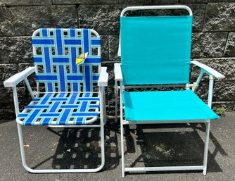 Blue And Aqua Striped Folding Beach Chair And Aqua Sling Folding Chair