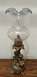 Brass Cherub Table Lamp With Etched Glass