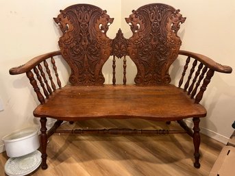 Antique Hand Carved Lion Head Wood Bench