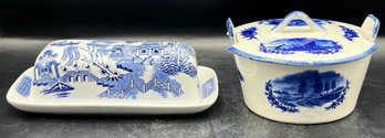 Porcelain Blue & White German Lidded Bowl & Churchill Porcelain Covered Butter Dish - 4 Pieces