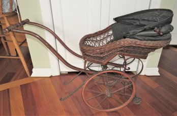 1860s Baby Stroller Wicker Vintage Antique, Wicker, Metal & Wood