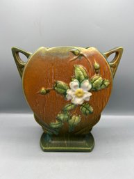 Roseville USA Pottery White Rose Double Handled Vase #984