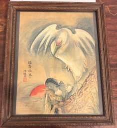 Japanese Crane Framed Print On Linen