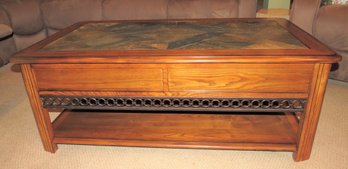 Wood Coffee Table With Tile Top & Lower Shelf