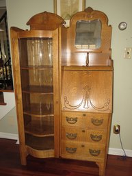 Antique Oak Side By Side Secretary With Bow Front Curio