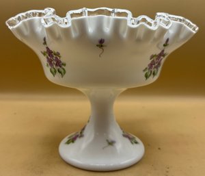 Fenton Silvercrest Violets In The Snow Compote Dish, Hand Painted