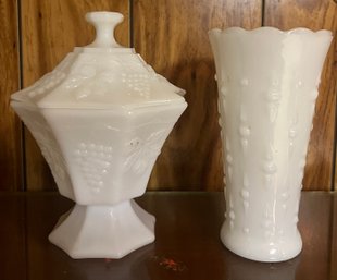 Tear Drop Pattern Milk Glass Vase & Grape Vine Footed/lidded Milk Glass Candy Dish - 2 Piece Lot