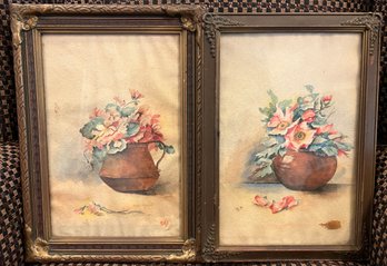 ENJ Signed Framed Floral Watercolor Paintings- Pair