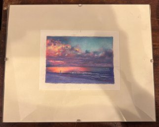 Beach Sunset Oil Pastel Framed Drawing