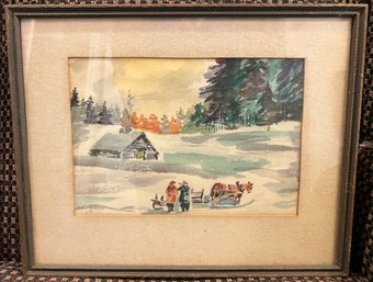 Helen Grange Signed Snowy Cabin Watercolor Painting