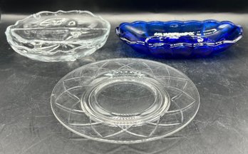 Oblong Cobalt Blue Dish, Glass 2 Sectional Dish & Etched Glass Plate - 3 Pieces