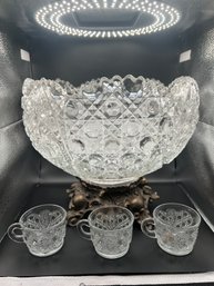 Crystal Brass Footed Punch Bowl With 12 Cups - 13 Piece Lot