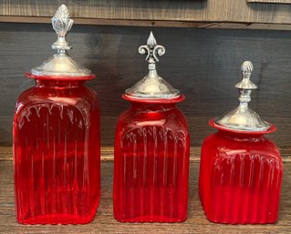 Traditions Red Glass Ribbed Canisters - 3 Pieces