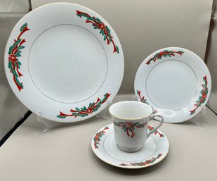 Poinsettia And Ribbons Fine China, Lot Of 15
