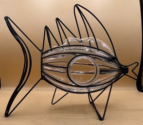 Handblown Art Glass Fish Votive Holder In Black Iron Stand