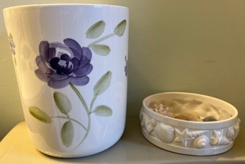 Wamsutta Hand Painted Canister & White Ceramic Shell Embossed Dish - 2 Pieces
