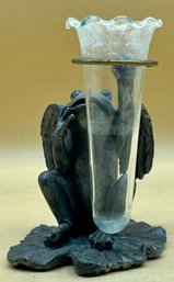 Metal Pewter Angelic Frog Fluted Glass Vase Holder