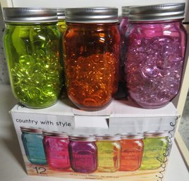 Country With Style 16 Oz. Colored Mason Jars With Beads  In Original Box, Set Of 6