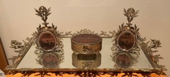 Vanity Set - Mirrored Vanity Tray With 2 Perfume Bottles And Trinket Dish 4 Piece Lot