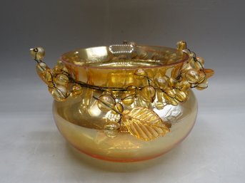 Amber Glass Bowl With Plastic Leaf Trim