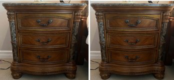 Stone Top Wood Night Stands With Stone Inlay Sides - Pair