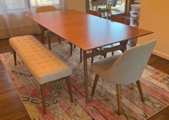 West Elm Mid Century Style Dining Table With Upholstered Bench 2 Upholstered Chairs And 2 Wood Chairs