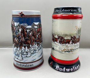 Budweiser Beer Steins The Hitch On A Winters Evening & A Holiday Tradition, 2 Piece Lot