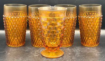 Indiana Glass Amber Footed Glass & Indiana Glass Amber Diamond Point Tumbler Glasses - 5 Pieces