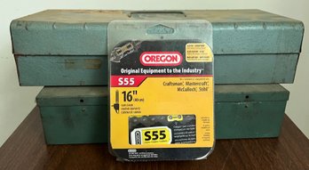 Oregon Advance Cut 16 Inch Chainsaw Chain & Vintage Metal Tool Boxes, 3 Pieces