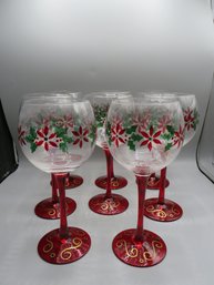 Painted Poinsettia Red Stemmed Wine Glasses - Set Of 8