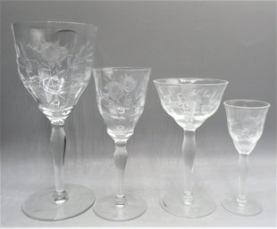 Etched Glass Glasses, Four Assorted Sizes - Set Of 21