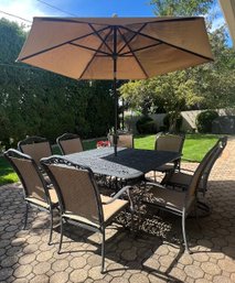 Cast Aluminum Patio Table And Umbrella With 8 Chairs