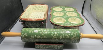 Temptations  Ovenware 'floral Lace' Rolling Pin, Muffin Pan & Loaf Dish - Lot Of 3