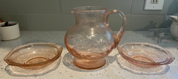 Pink Depression Glass Pitcher & 2 Bowls- 3 Pieces