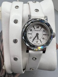 Swarovski Octea Crystal Watch White Leather Wrap Bracelet Band