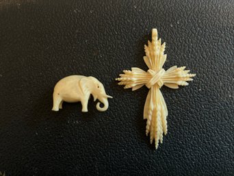 Cross & Elephant Carved From Bone- 2 Pieces