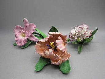 Lenox Fine Porcelain Parrot Tulip, Cattleya Orchid & Carnation Figurines - Lot Of 3