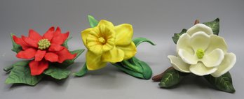 Lenox Fine Porcelain Daffodil, Poinsettia & Magnolia Flower Figurines - Lot Of 3