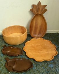 Stanwood Handmade Wooden Tray, Pineapple Monkey Pod Wooden Bowl, Two Monkey Pod Dishes & Wooden Bowl, 5 Pieces