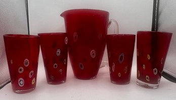 Pier 1 Imports ~ Red Art Glass Pitcher With 4 Glasses