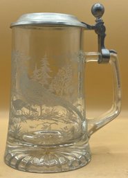 German Etched Glass Hunter Scene Stein With Pewter Lid